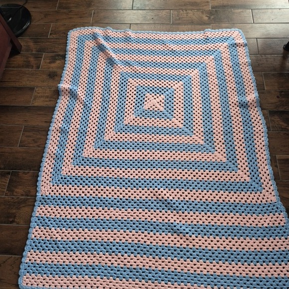 Handmade Crocheted Blue & Pink  Throw Blanket 68L X 53W Cottage  Retro - Picture 3 of 3